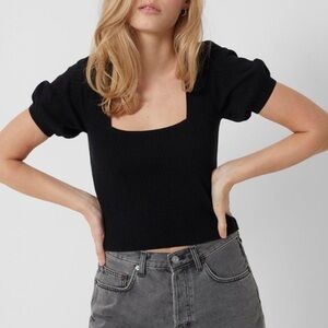 NWT French Connection Babysoft Puff Sleeve Ribbed Sweater Top in Black